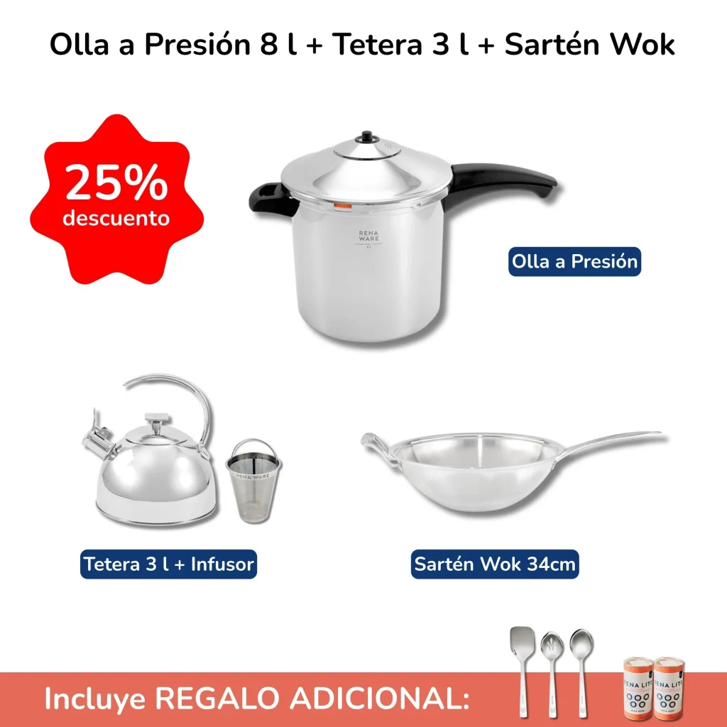 olla a presion con tetera y sarten
