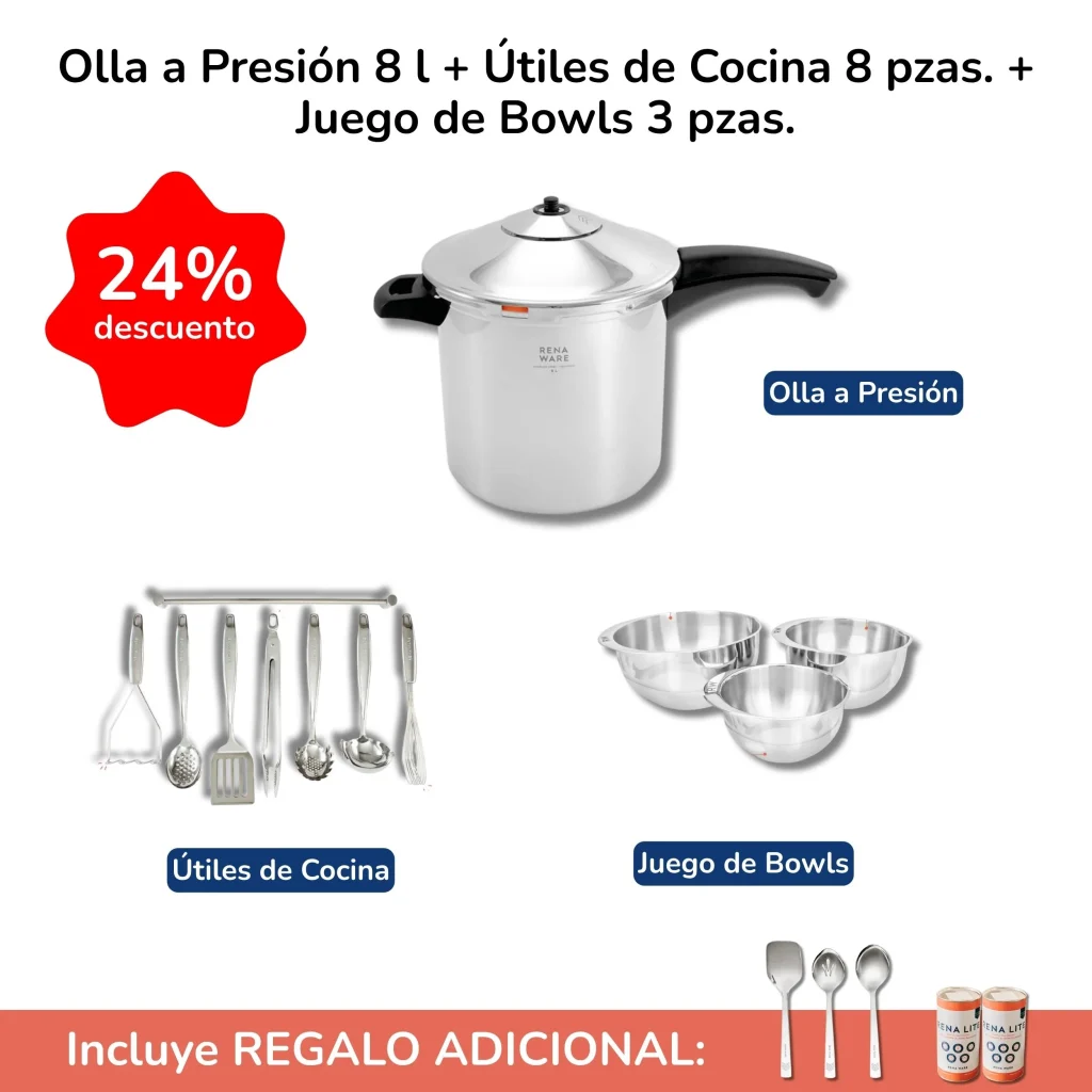 olla a presion con utiles de cocina